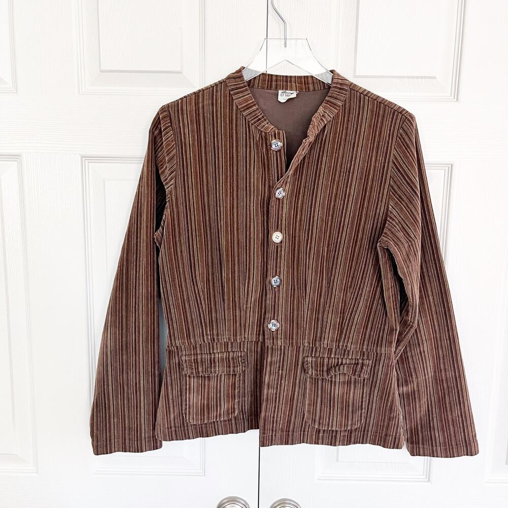 Vintage CP Shades Brown Striped Corduroy Mandarin Collar Jacket Blazer Academia